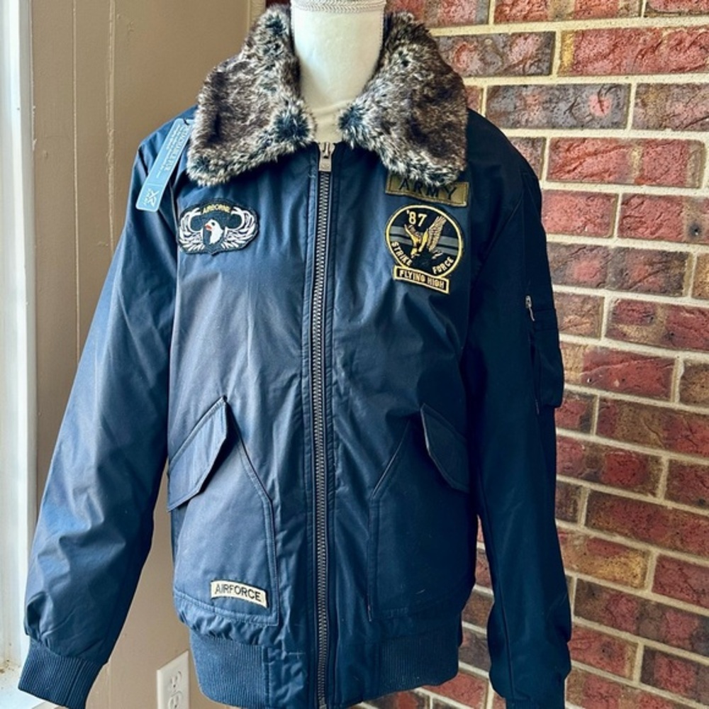 Black Bomber Jacket Sz L Removable Faux Fur Collar Military Patches Cosplay NWT